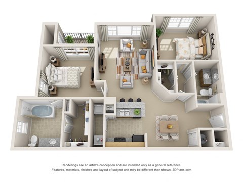 Floor plan for 2 beds, 2 baths, 1185 sqft